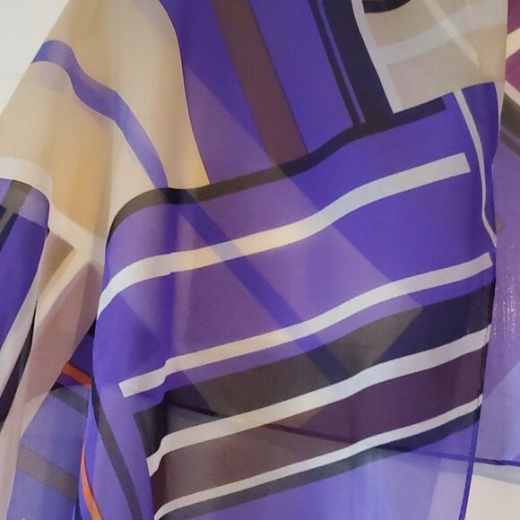 ANNE KLEIN SILK GEOMETRIC GRAPHIC SCARF WRAP PURPLE BLACK WHITE TAN ORANGE - Picture 4 of 11